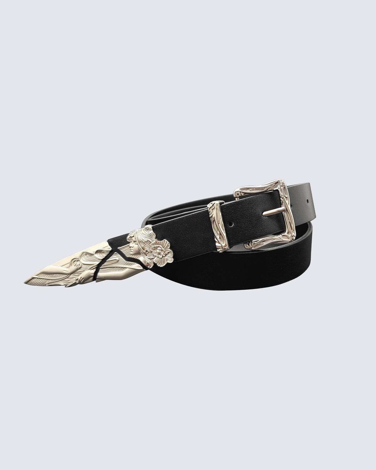 Silver-Embellished Black Eco-Leather Belt