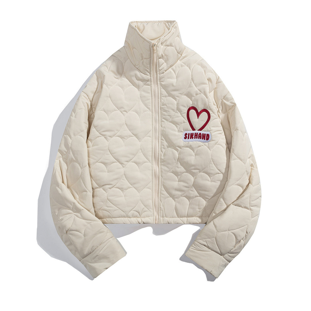 Heart Quilted Cropped Puffer Jacket Heart Embroidery