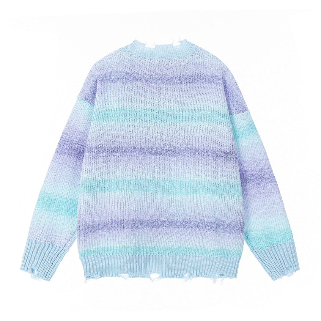 Gradient Tie‑Dye Distressed Cardigan 3D Butterfly Appliqué