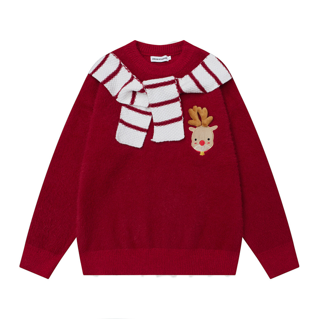 3D Reindeer Applique Fuzzy Crewneck Sweater