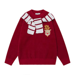 3D Reindeer Applique Fuzzy Crewneck Sweater