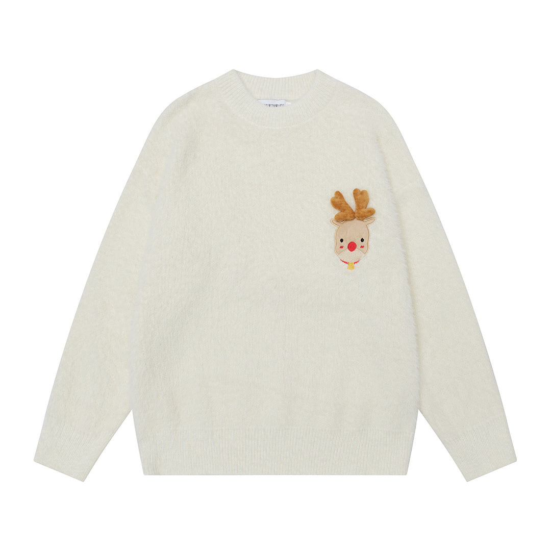 3D Reindeer Applique Fuzzy Crewneck Sweater