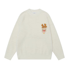 3D Reindeer Applique Fuzzy Crewneck Sweater