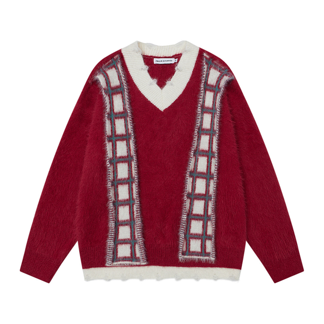 Faux Mink Plaid Scarf‑Decor V‑Neck Knit Sweater