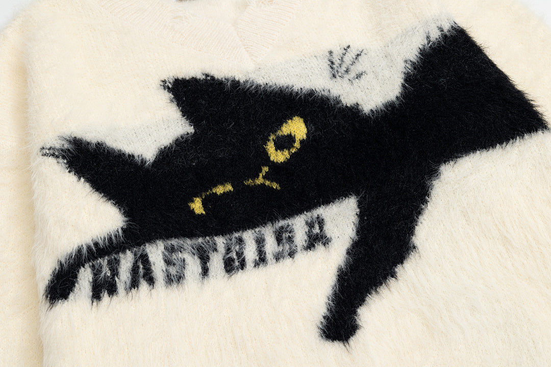 Distressed V‑Neck Black Cat Graphic Fuzzy Knit Sweater