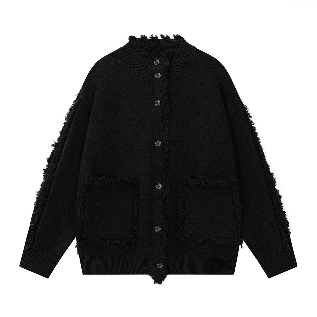 Frayed Raw Edge Knit Cardigan Metal Badge Detail