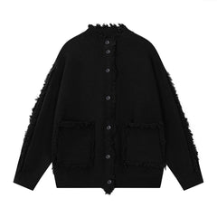 Frayed Raw Edge Knit Cardigan Metal Badge Detail