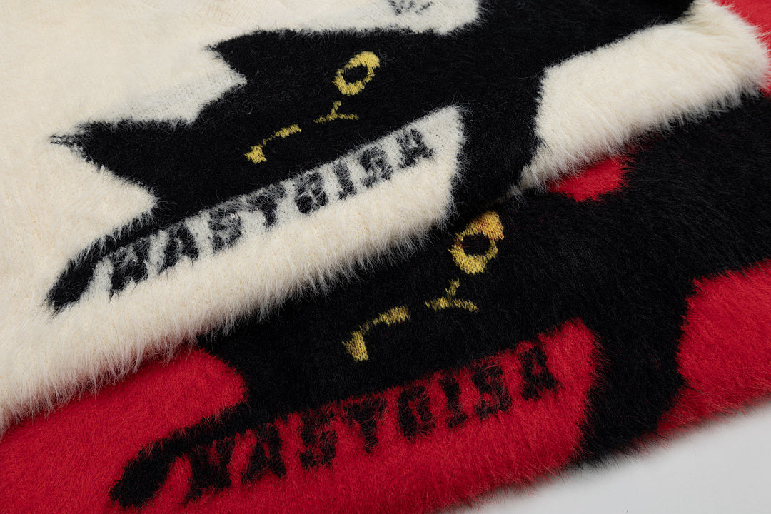Distressed V‑Neck Black Cat Graphic Fuzzy Knit Sweater