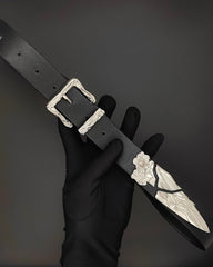 Silver-Embellished Black Eco-Leather Belt