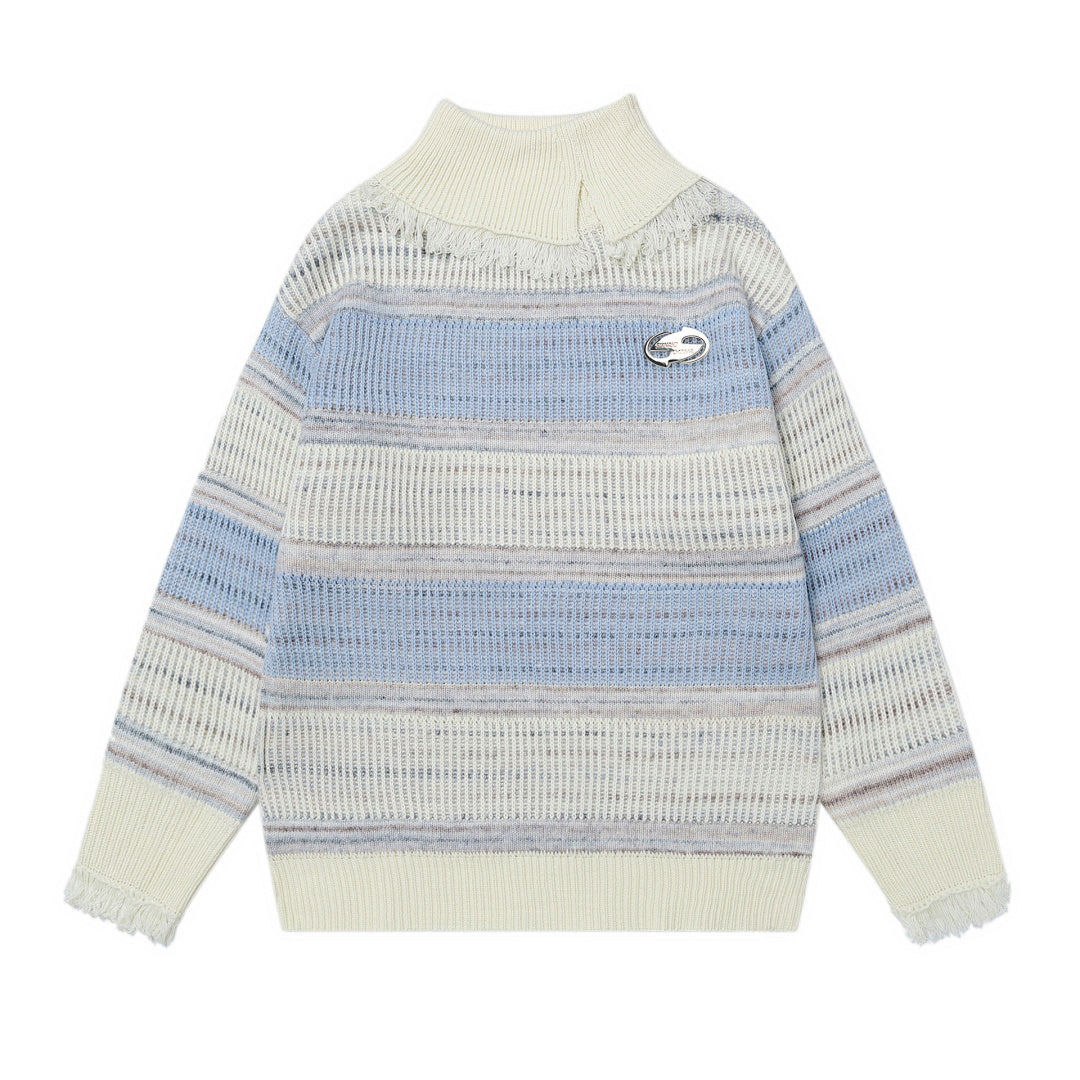 Pastel Stripe Fringe Collared Knit Sweater