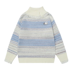 Pastel Stripe Fringe Collared Knit Sweater