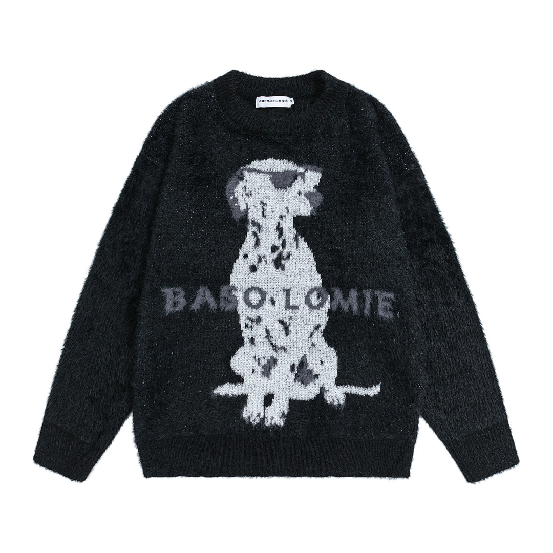 Fuzzy Dalmatian Dog Graphic Knit Sweater