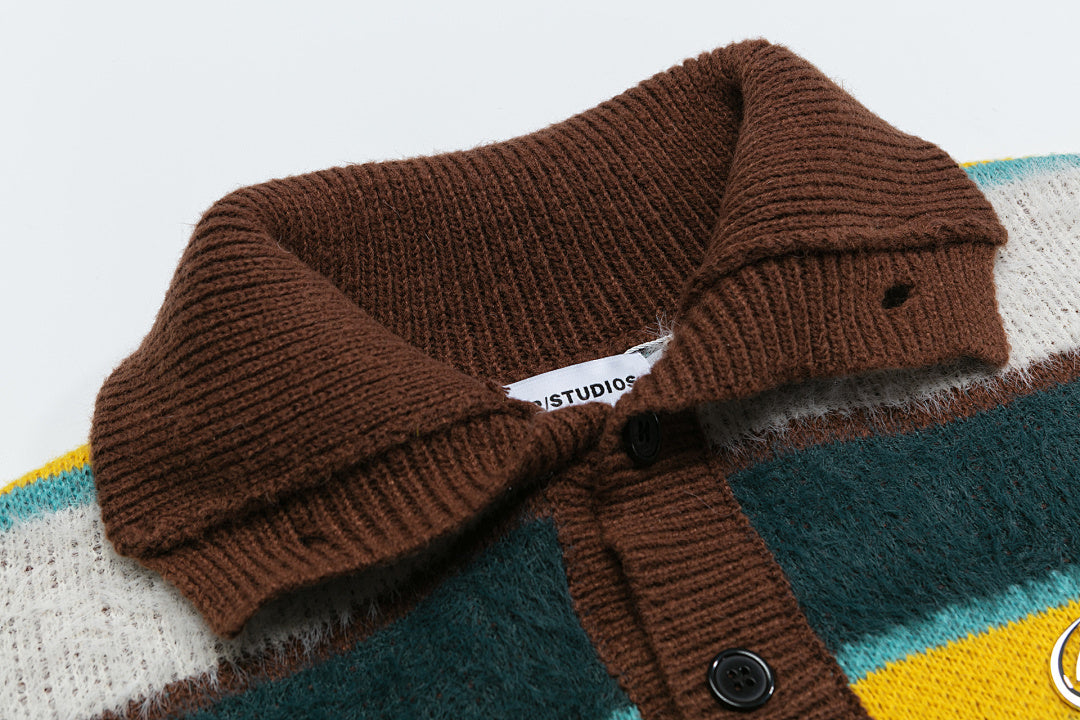 Fuzzy Button Placket Stripe Mock Neck Knit Sweater