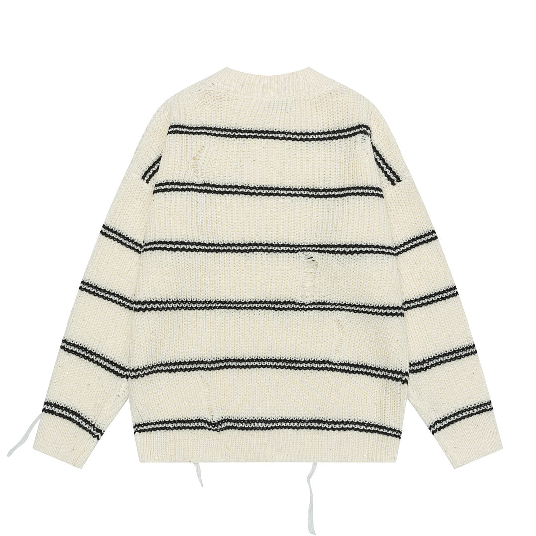 Distressed Fringe Striped Crewneck Knit Sweater
