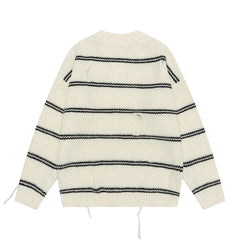 Distressed Fringe Striped Crewneck Knit Sweater