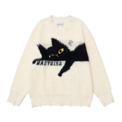 Distressed V‑Neck Black Cat Graphic Fuzzy Knit Sweater