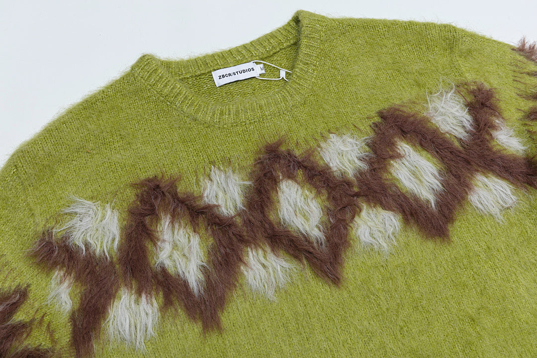 Fuzzy Geometric Diamond Jacquard Crewneck Sweater