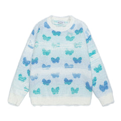 Butterfly Jacquard Distressed Fuzzy Crewneck Sweater