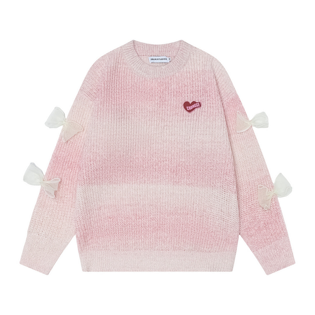 Gradient Knit Sweater Organza Bow & Heart Patch