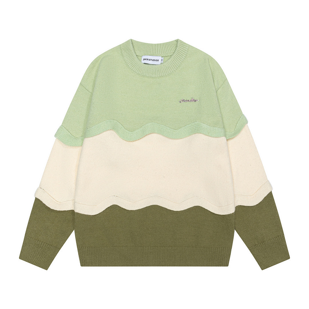 Wavy Color Block Patchwork Knit Sweater