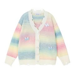 Gradient Tie‑Dye Distressed Cardigan 3D Butterfly Appliqué