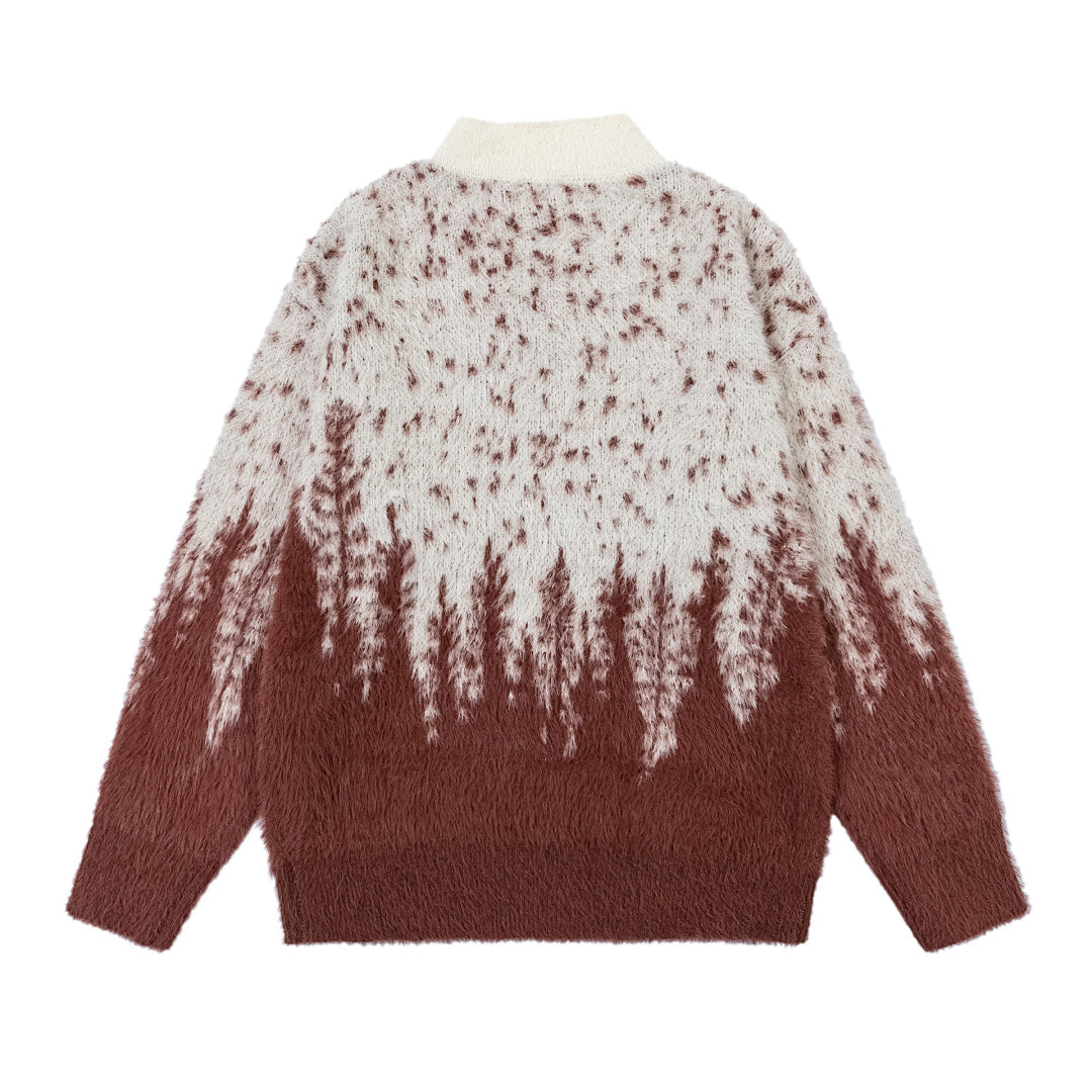 Gradient Forest Pattern Frog Button Fuzzy Knit Sweater