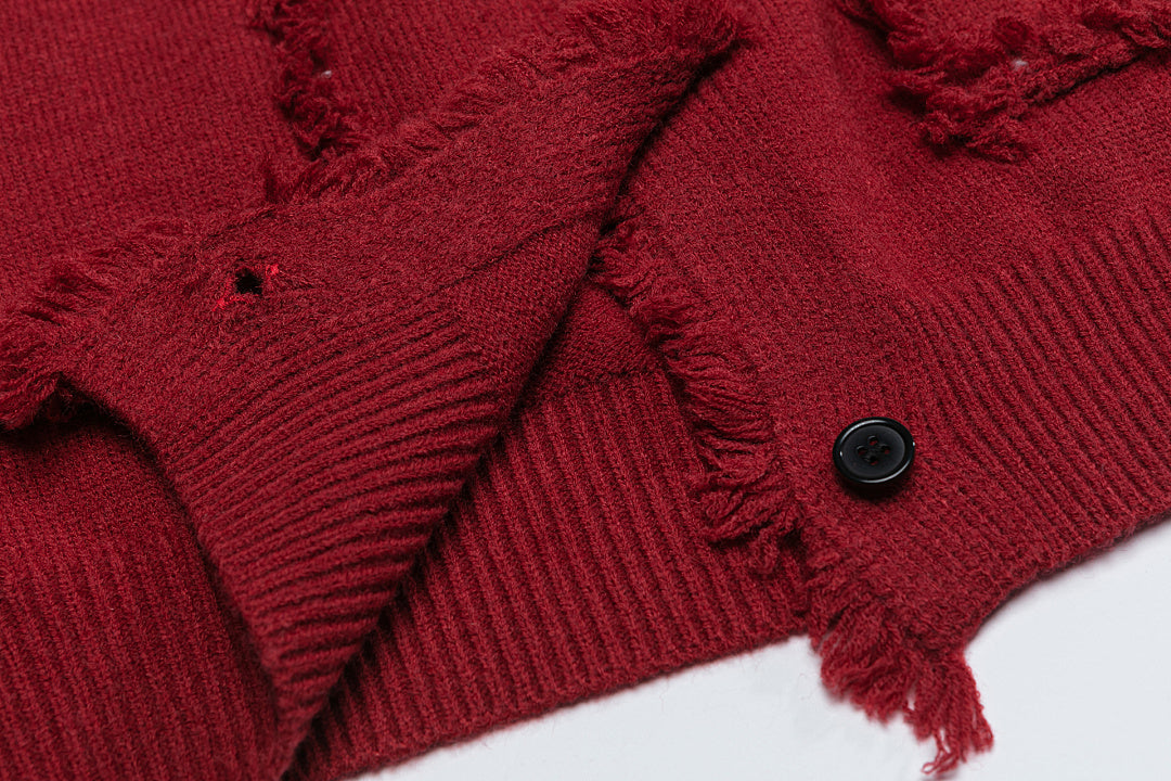 Frayed Raw Edge Knit Cardigan Metal Badge Detail