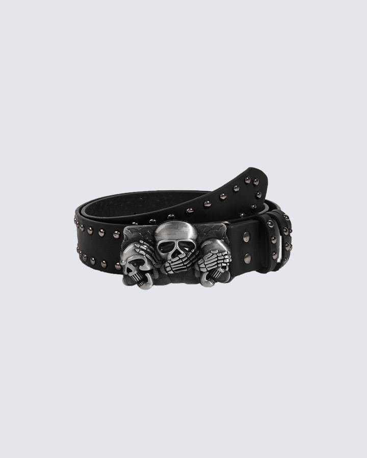 Triple Skull Studded Leather Belt – Gothic Rock Style