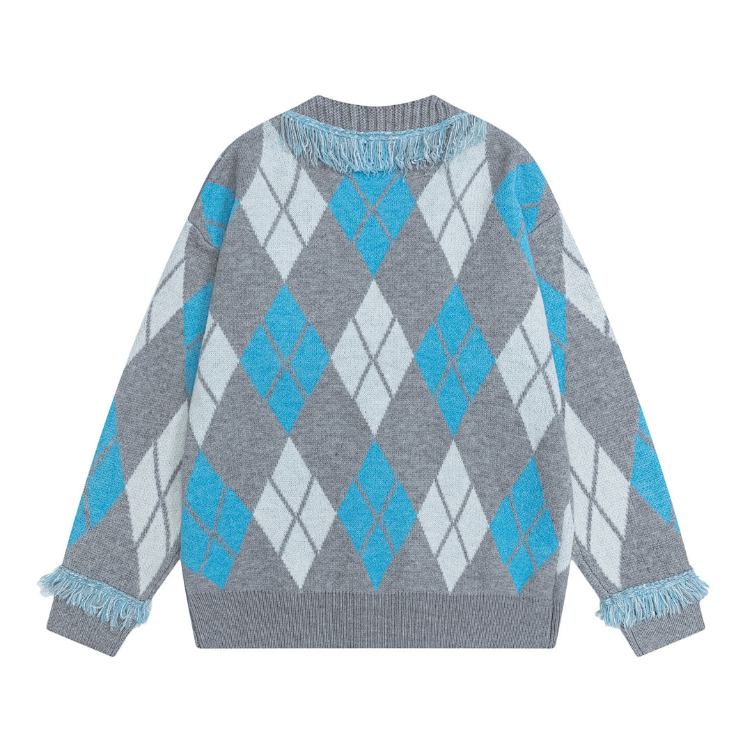 Argyle Tassel Fringe V‑Neck Knit Cardigan