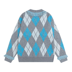 Argyle Tassel Fringe V‑Neck Knit Cardigan
