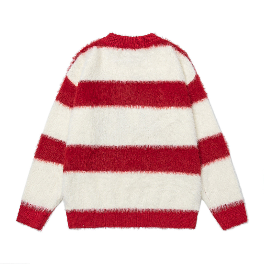 Fuzzy Stripe Snake Graphic Knit Sweater