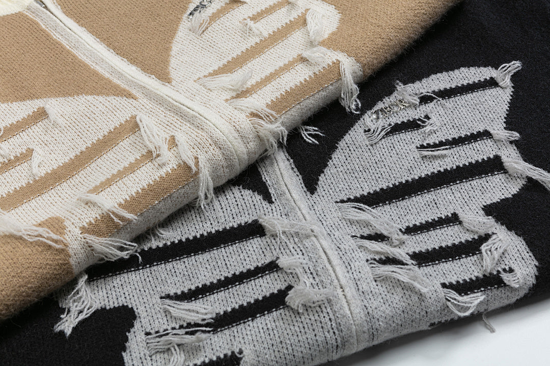 Butterfly Distressed Zip‑Up Knit Jacket