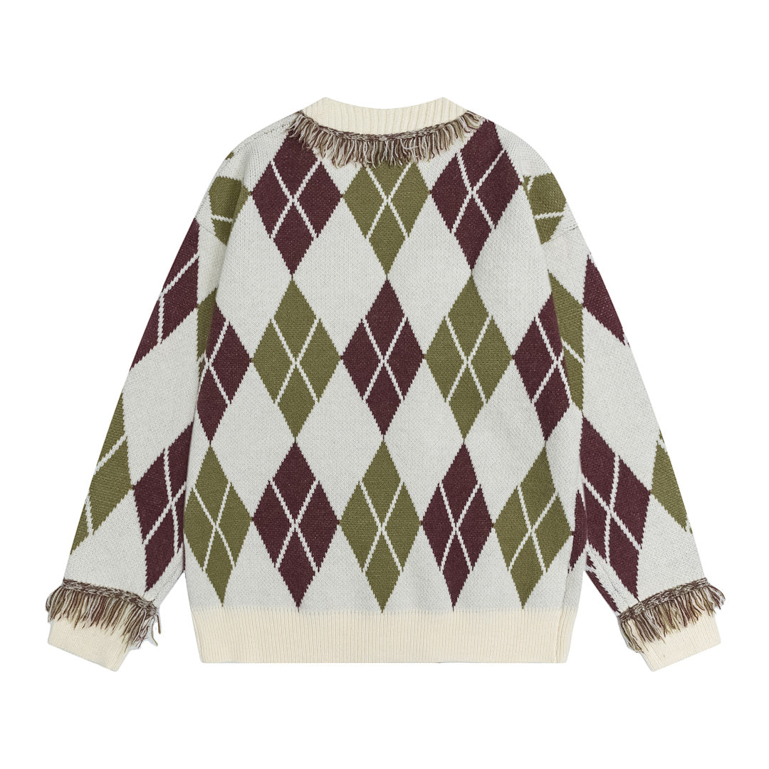 Argyle Tassel Fringe V‑Neck Knit Cardigan