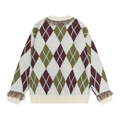 Argyle Tassel Fringe V‑Neck Knit Cardigan