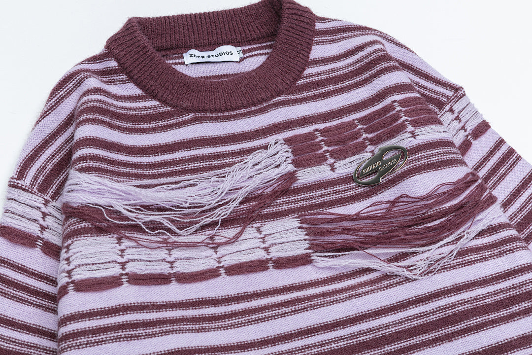 Striped Fringe Detach Knit Crewneck Sweater