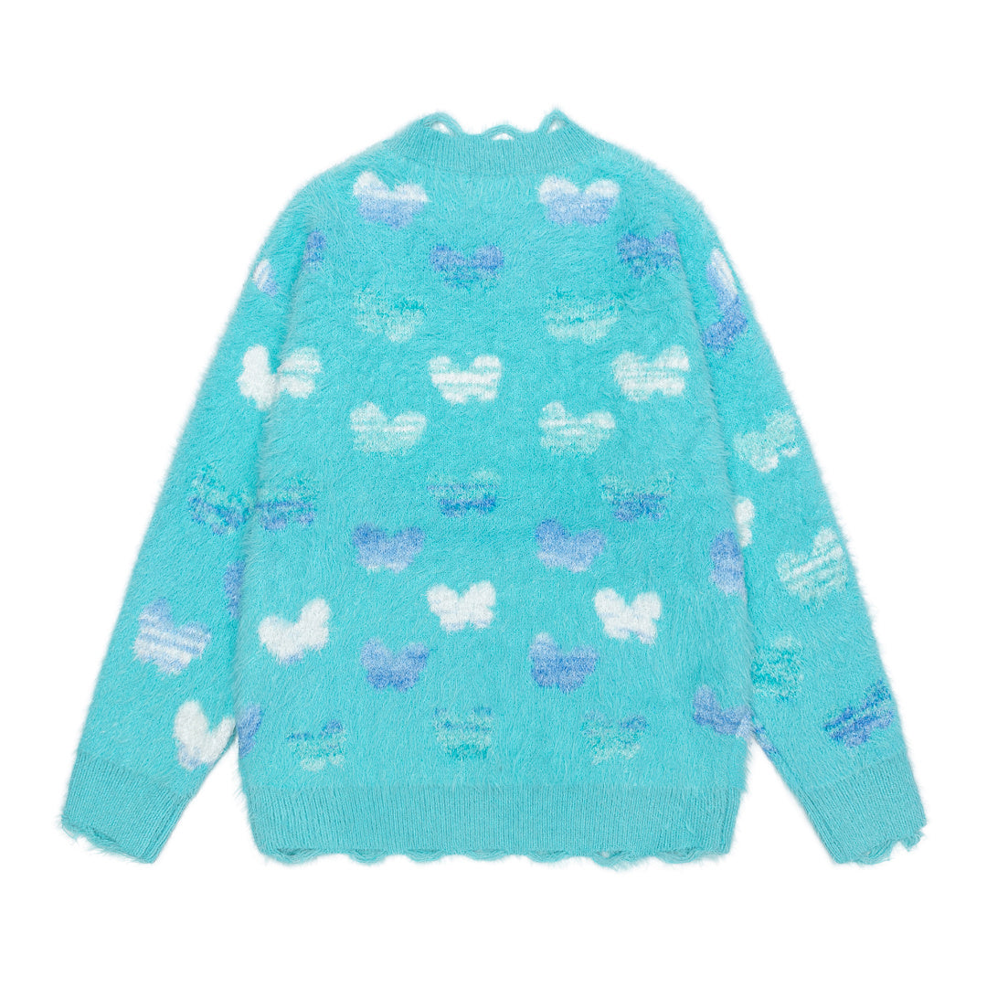 Butterfly Jacquard Distressed Fuzzy Crewneck Sweater
