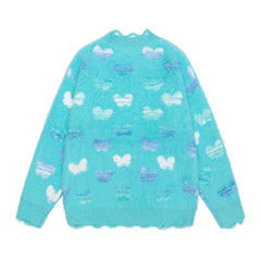 Butterfly Jacquard Distressed Fuzzy Crewneck Sweater