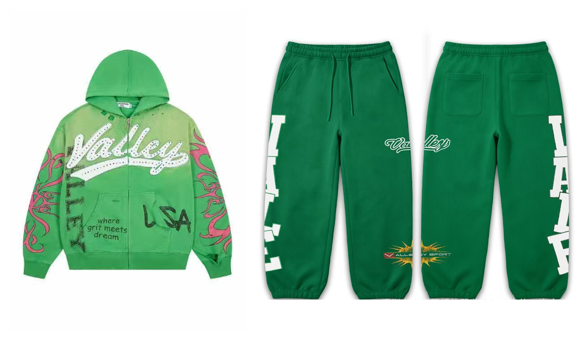 Valley Rhinestone‑Flame Green Zip‑Up Hoodie & Sweatpants Set