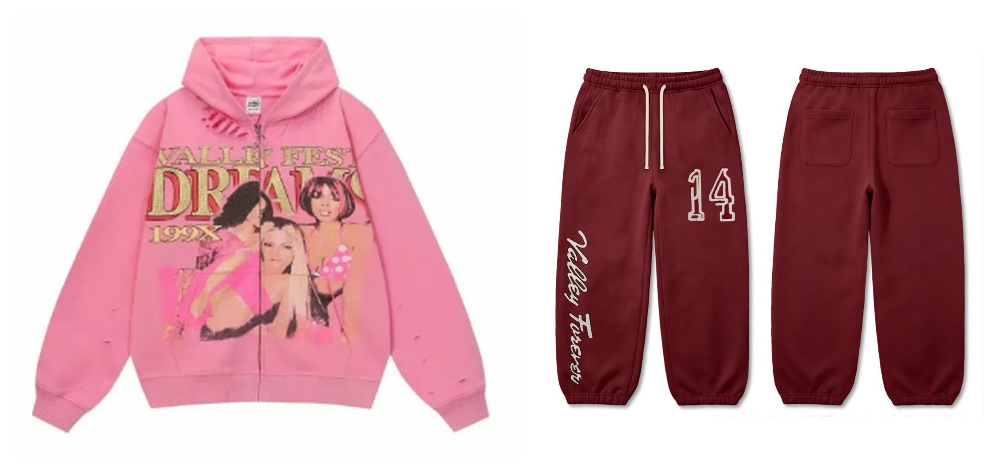Valley Fest Dreams 199X Pink Zip‑Hoodie & Burgundy 14 Jogger Set