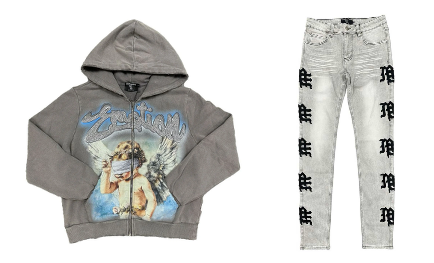 Mixed Emotions Rhinestone Zip‑Up Grey Hoodie & Gothic‑Print Light‑Wash Jeans Set