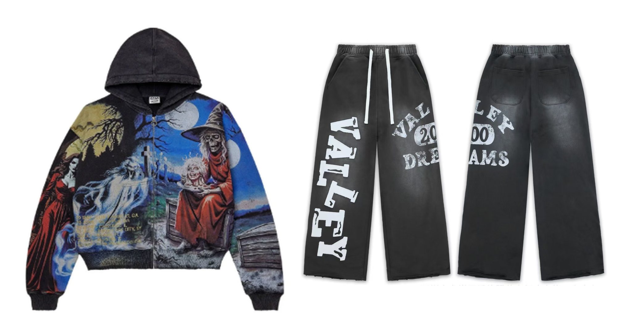 Valley Dreams Witch‑Skull Graphic Black Zip‑Hoodie & Wide‑Leg Pants Set