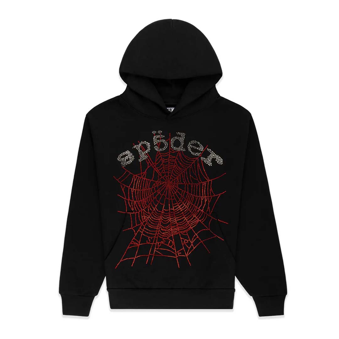 Sp5der Rhinestone OG Web V2 Hoodie Black Red